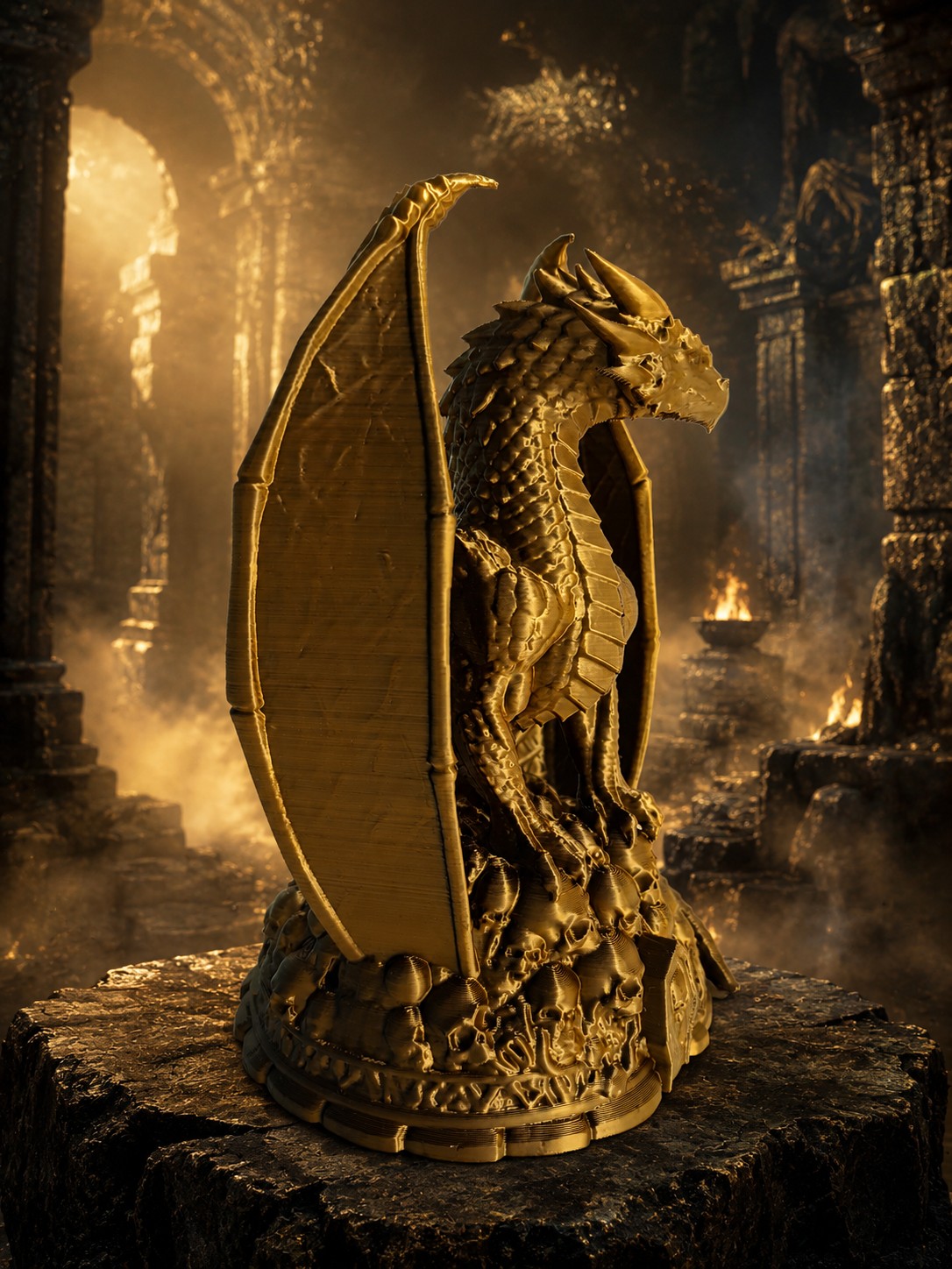 Estátua Dragão Dourado/Preto com Base de Caveiras