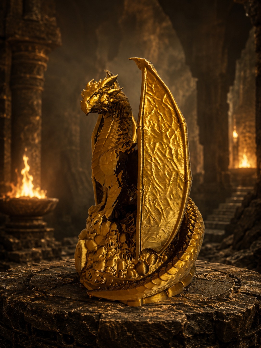 Estátua Dragão Dourado/Preto com Base de Caveiras