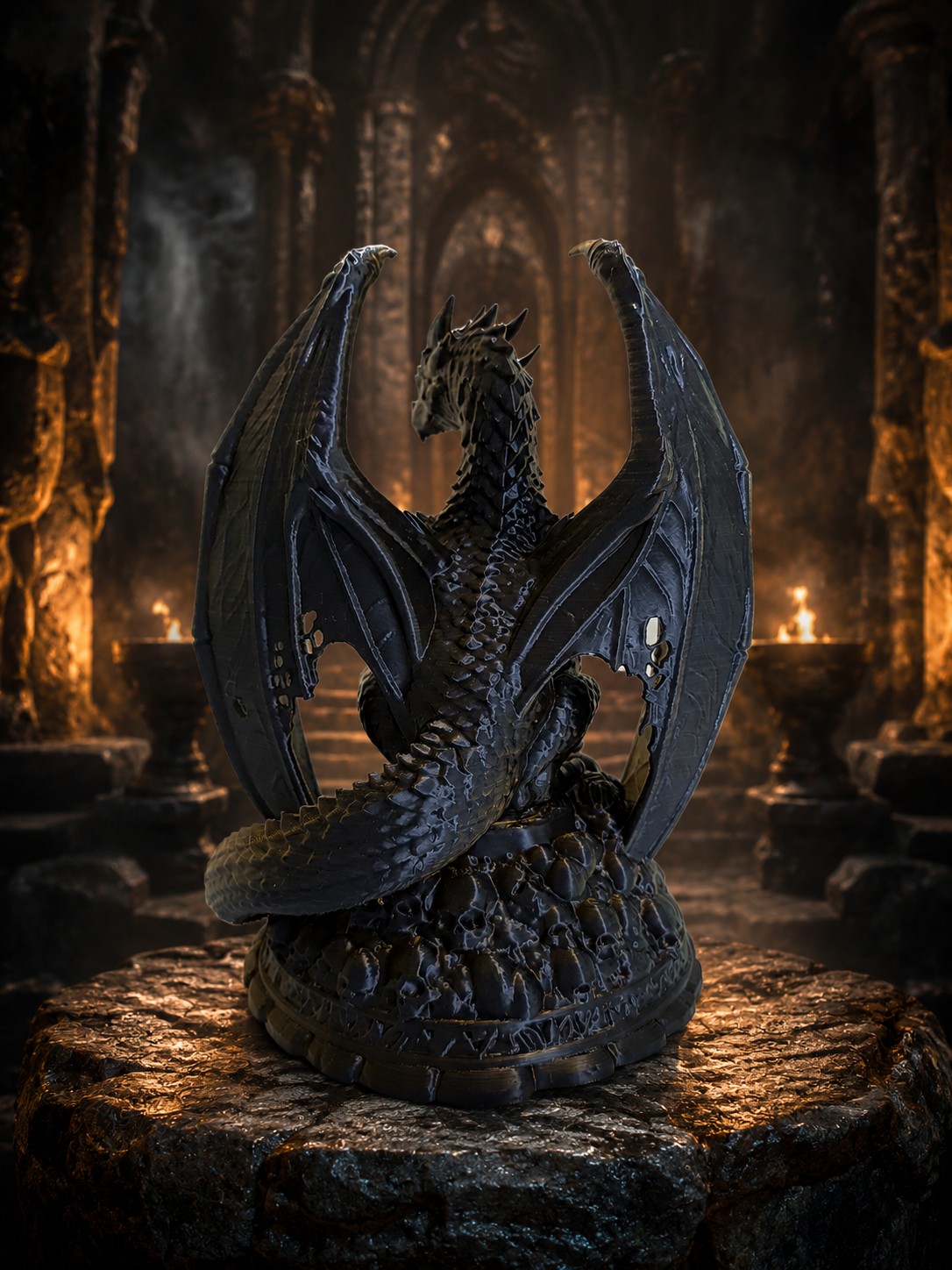 Estátua Dragão Dourado/Preto com Base de Caveiras